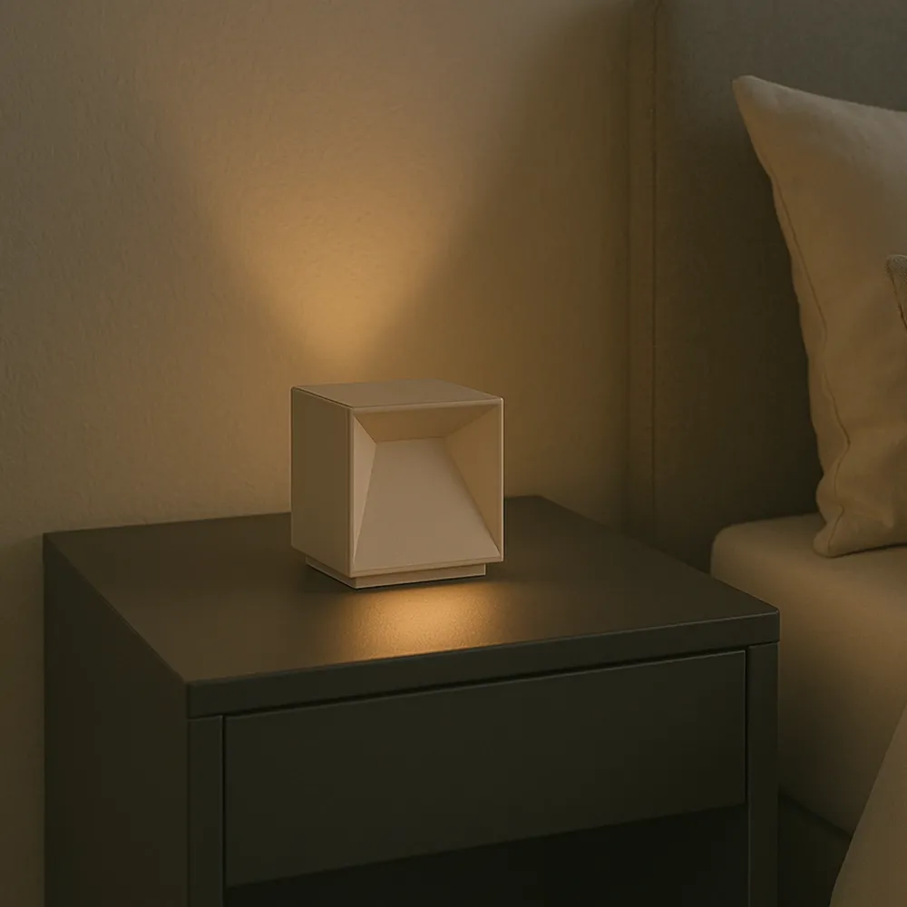 Lampe de table cubique en aluminium beige LED blanc chaud dimmable CUBOX SAND H10 cm Lumisky