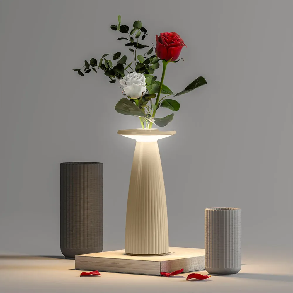 Lampe de table sans fil en forme de vase Beige LED blanc chaud dimmable FLORA MINI SAND H20cm Lumisky