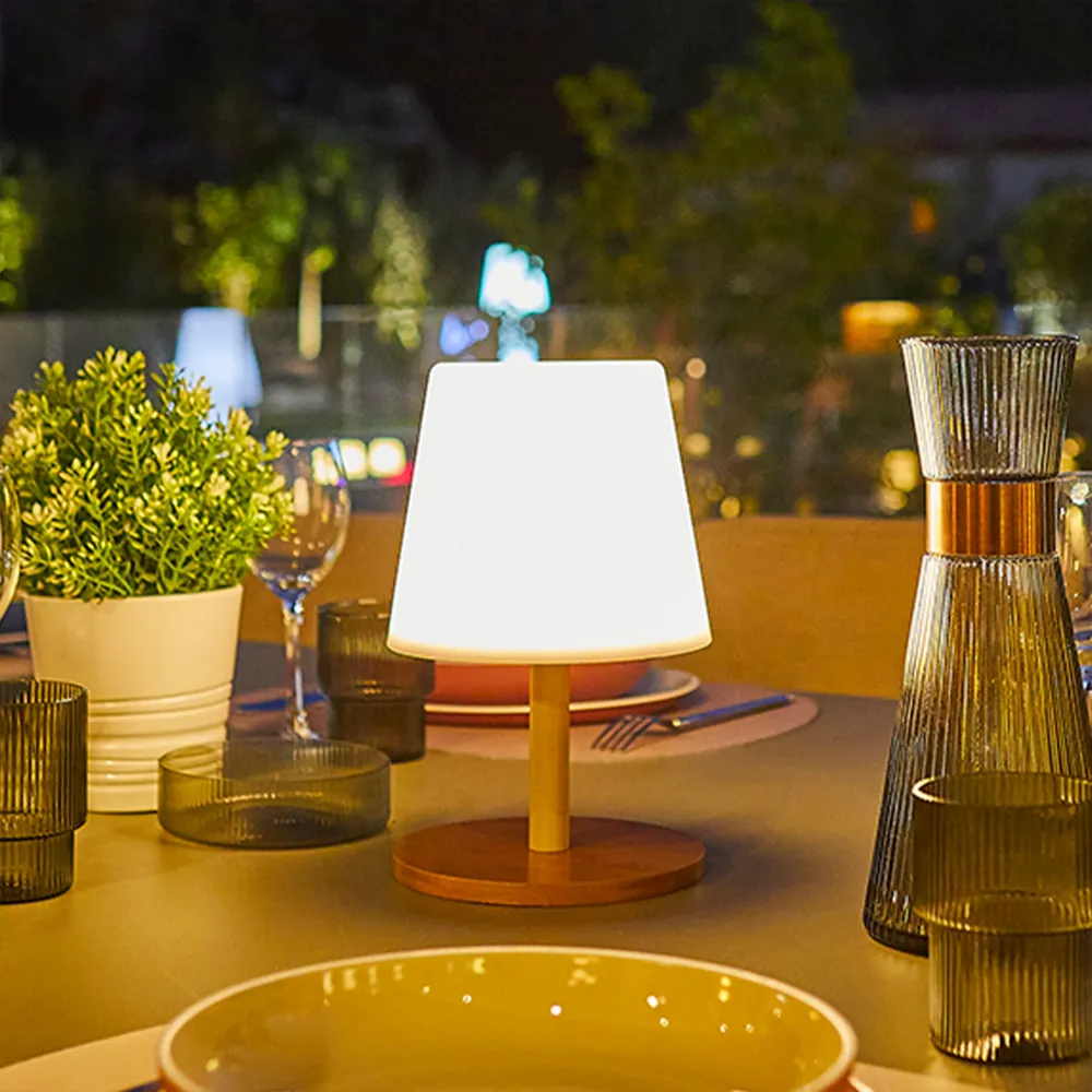 Lampe de table solaire et rechargeable LED blanc chaud/blanc dimmable pied en bambou STANDY MINI WOOD SOLAR H25cm Lumisky