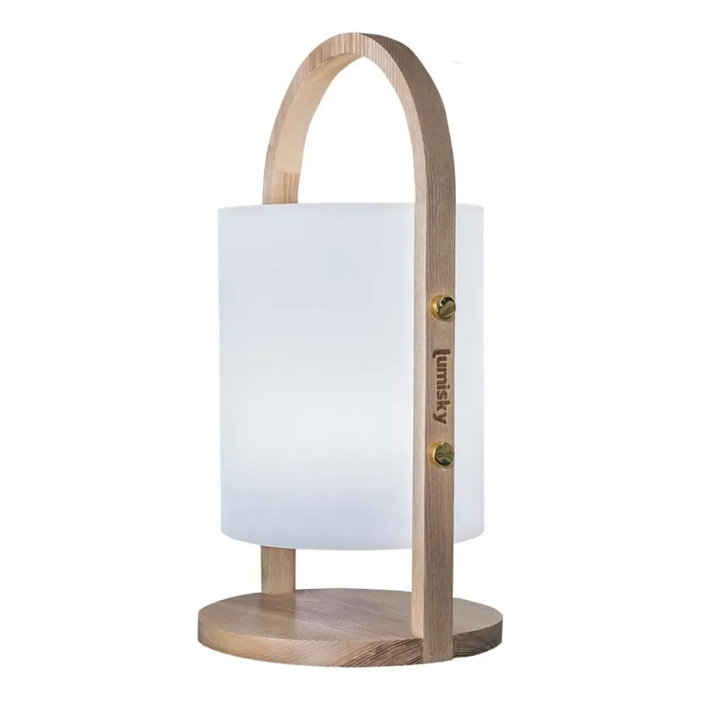 Lanterne sans fil design scandinave poignée bois naturel LED blanc chaud/blanc dimmable WOODY H37cm Lumisky