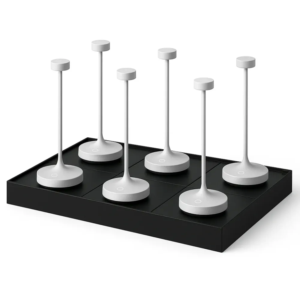Lot de 6 Lampe de table sans fil LED blanc chaud dimmable RUBY WHITE H25cm Blanc avec plateau de chargement Lumisky