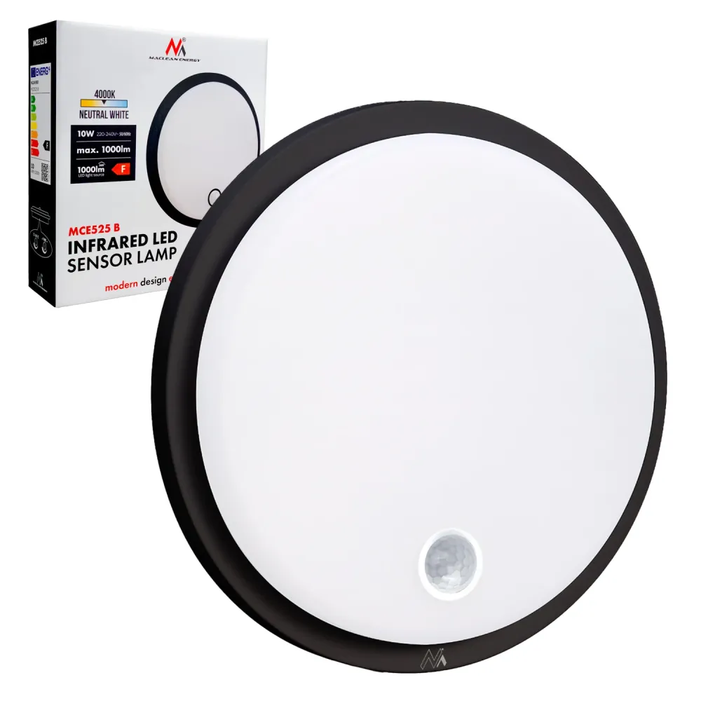 Lampe LED avec détecteur de mouvement Maclean, capteur PIR, couleur noire, 10 W, IP65, 1000 lm, couleur neutre, MCE525 B