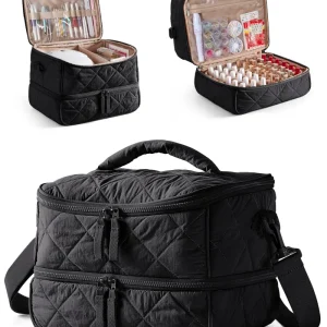 Marscamd Organisateur Vernis Matelassé – 42 Flacons + Lampe à Ongles, Sac de Rangement avec Poignées et Poches, Noir