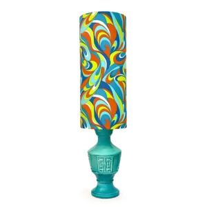 Lampe de table XL en céramique de 82,5 cm (32,5 pouces) couleur vert/ambre, avec abat-jour fait main (tissu vintage) N/A