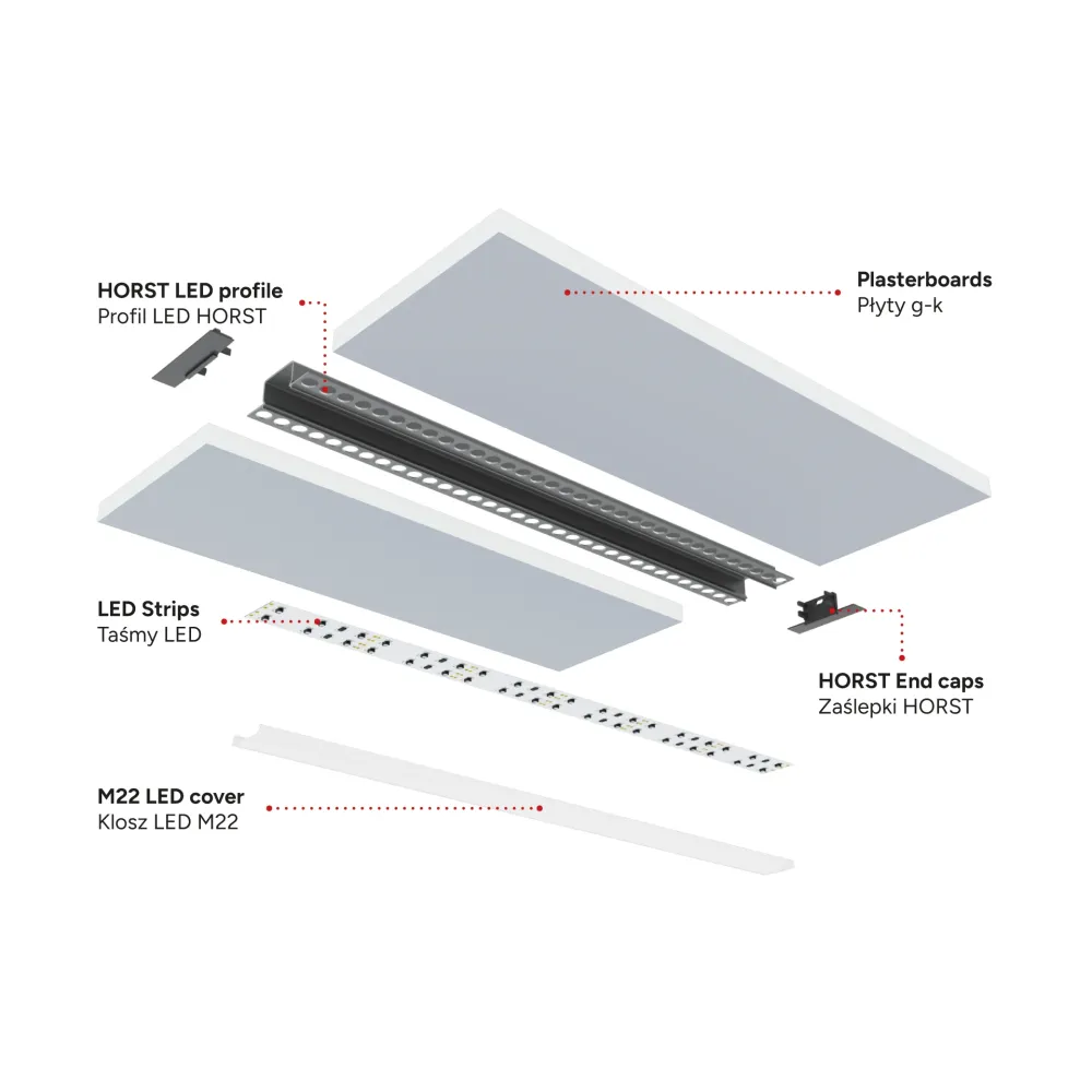 Profilé en aluminium anodisé argent KIMERA « HORST » avec diffuseur opale, capuchons et clips de fixation 2,02 m