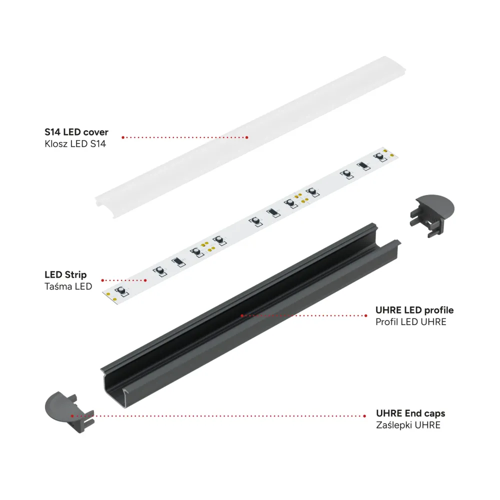 Profilé en aluminium anodisé argent KIMERA « UHRE » avec diffuseur opale, capuchons et clips de fixation 2,02 m