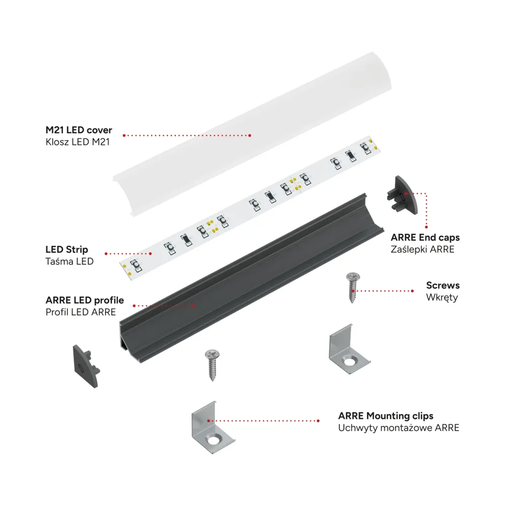 Profilé en aluminium anodisé noir KIMERA « ARRE » avec diffuseur opale, capuchons et clips de fixation 2,02 m