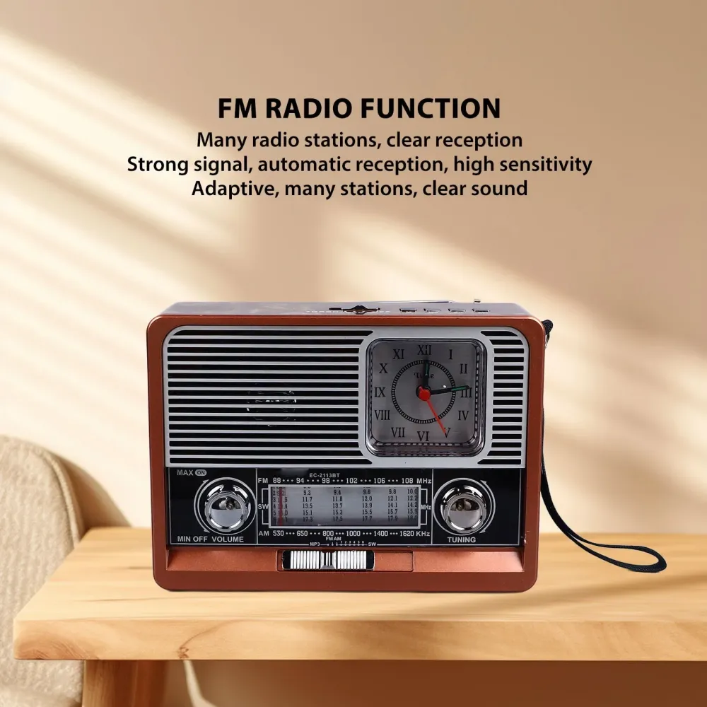 Radio réveil vintage Bluetooth avec lampe LED, grain de bois et fonction MP3 pour bureau et voyage