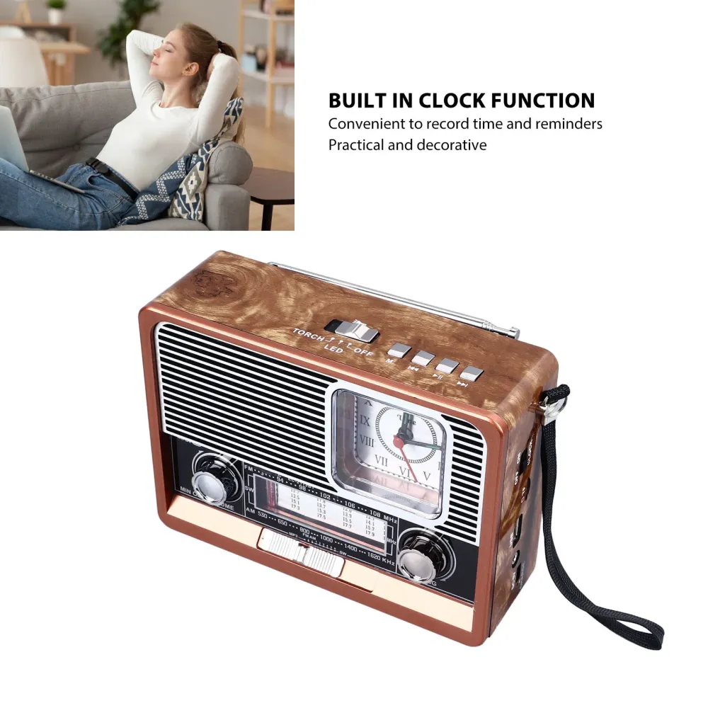 Radio réveil vintage Bluetooth avec lampe LED, grain de bois et fonction MP3 pour bureau et voyage