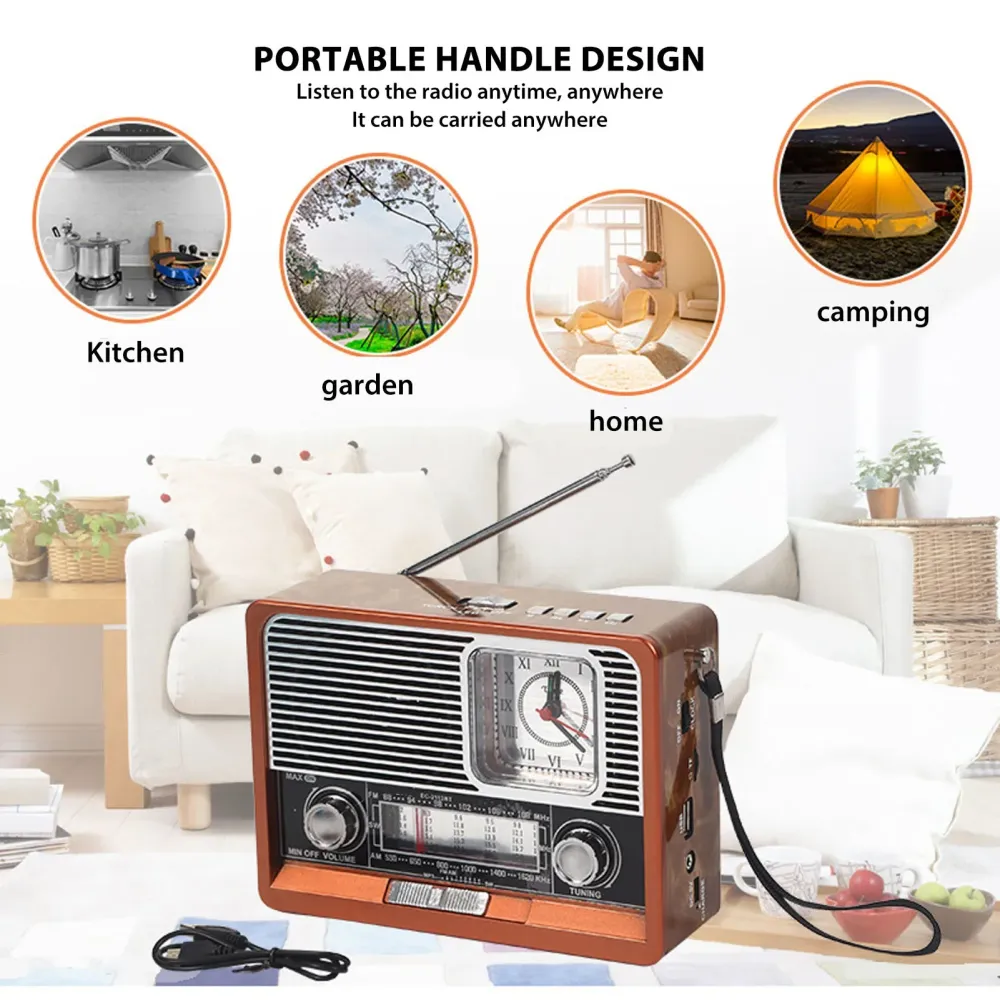 Radio réveil vintage Bluetooth avec lampe LED, grain de bois et fonction MP3 pour bureau et voyage
