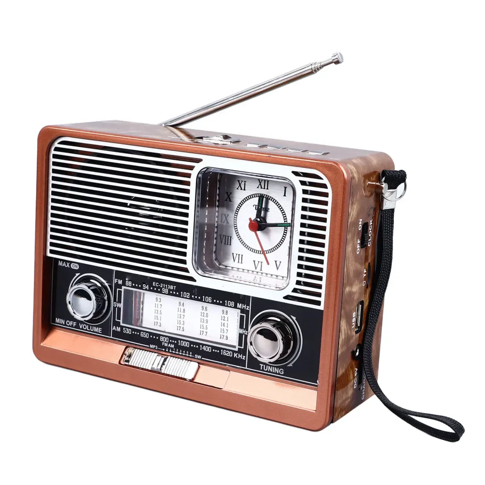 Radio réveil vintage Bluetooth avec lampe LED, grain de bois et fonction MP3 pour bureau et voyage
