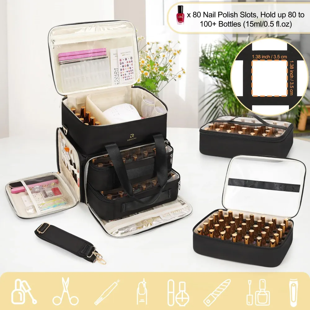 Relavel Organisateur Vernis Double-Couche – 80 Bouteilles (15ml) + Sac Lampe Ongles Noir
