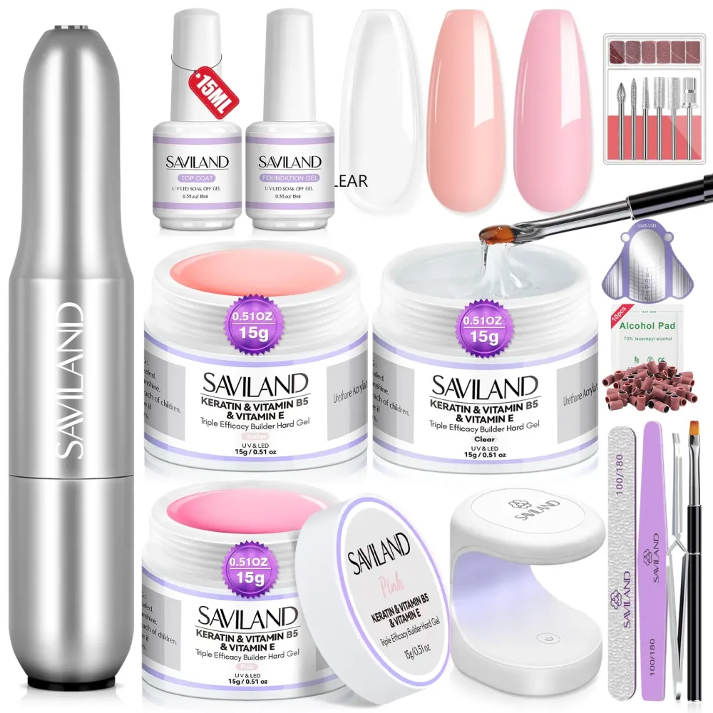 SAVILAND Set Gel de Construction pour Ongles – 3 Gels + Mini Lampe et Accessoires