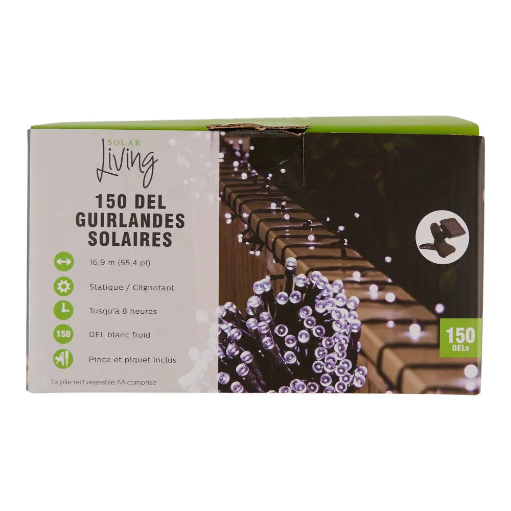 Guirlande de 150 ampoules à DEL à l'énergie solaire Solar Living – blanc pur - 55 pi