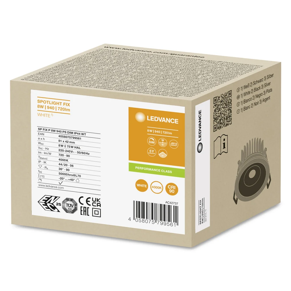 Spot LED LEDVANCE 8W 720Lm 4000K 36º IP44/IP20 Dimmable