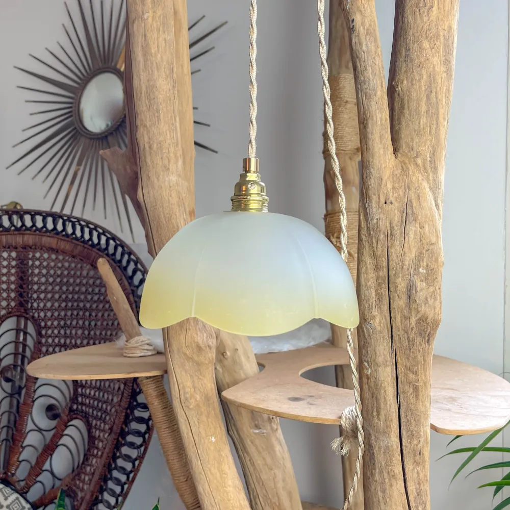 Suspension baladeuse abat-jour en verre dépoli vintage ambré – Lumière douce – Personnalisable