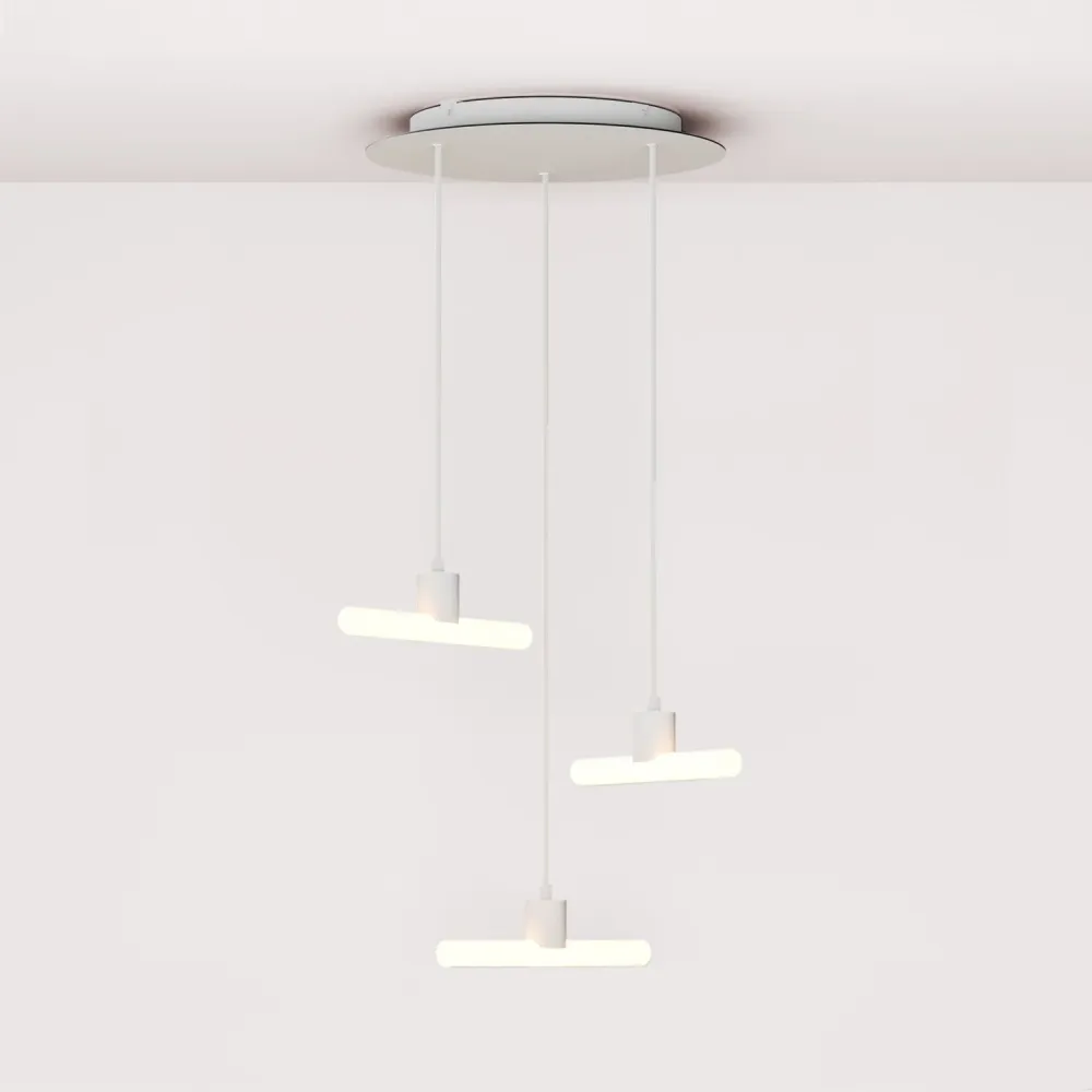 Suspension Esse14 3-chutes asymétriques avec Rose-One, complète avec câble en tissu et finitions métalliques - Blanc