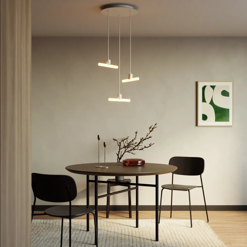 Suspension Esse14 3-chutes asymétriques avec Rose-One, complète avec câble en tissu et finitions métalliques - Blanc