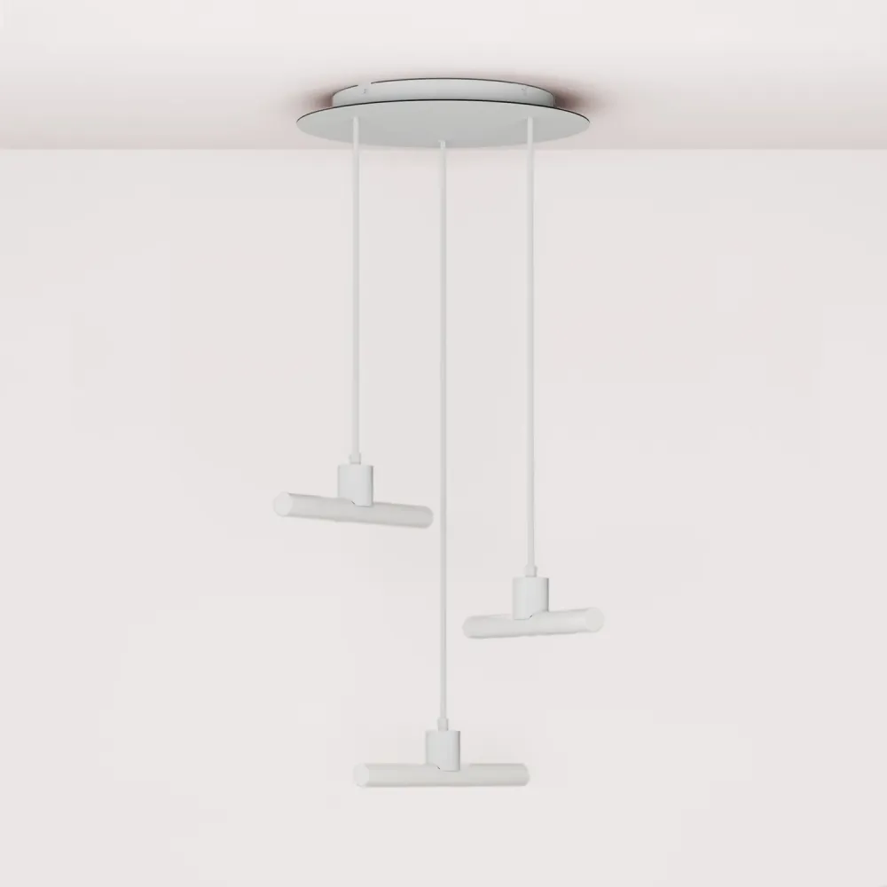 Suspension Esse14 3-chutes asymétriques avec Rose-One, complète avec câble en tissu et finitions métalliques - Blanc