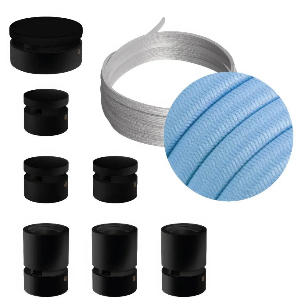 Système Filé Linear Kit - avec câble CM17 de 5 m pour guirlande lumineuse et 7 éléments en bois peint en noir pour l'intér...