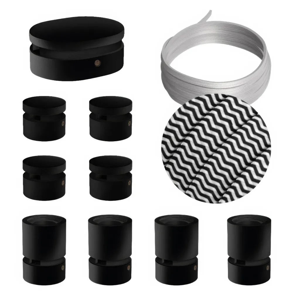 Système Filé Symmetric Kit - avec câble CZ04 de 5 m pour guirlande lumineuse et 9 éléments en bois laqué noir pour intérieur