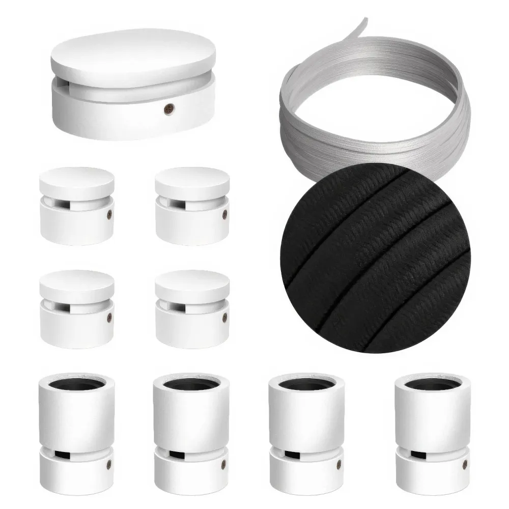 Système Filé Symmetric Kit - avec câble CM04 de 5 m pour guirlande lumineuse et 9 composants en bois laqué blanc pour inté...