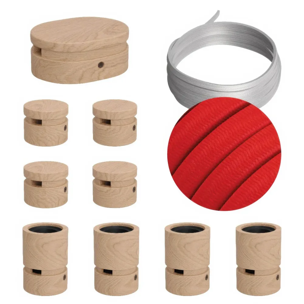 Système Filé Symmetric Kit - avec câble CM09 de 5 m pour guirlande lumineuse et 9 composants en bois pour l’intérieur