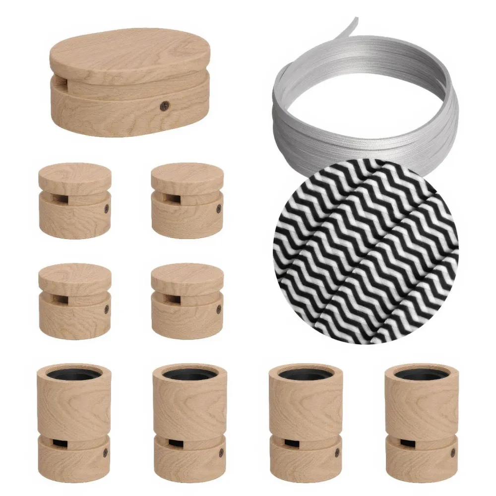 Système Filé Symmetric Kit - avec câble CZ04 de 5 m pour guirlande lumineuse et 9 éléments en bois pour intérieur