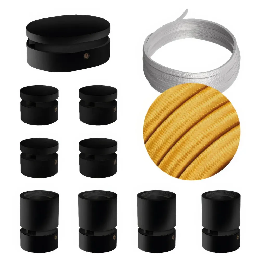Système Filé Symmetric Kit - avec câble CM05 de 5 m pour guirlande lumineuse et 9 composants en bois peint en noir pour in...