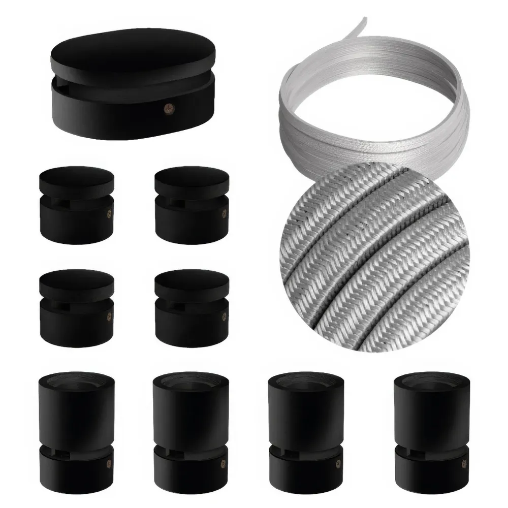 Système Filé Symmetric Kit - avec câble CM02 de 5 m pour guirlande lumineuse et 9 composants en bois peint en noir pour in...