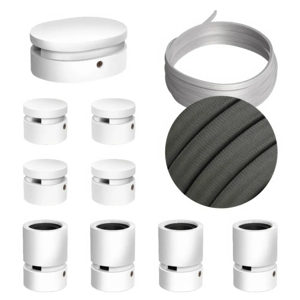 Système Filé Symmetric Kit - avec câble CM03 de 5 m pour guirlande lumineuse et 9 composants en bois peint blanc pour l’in...