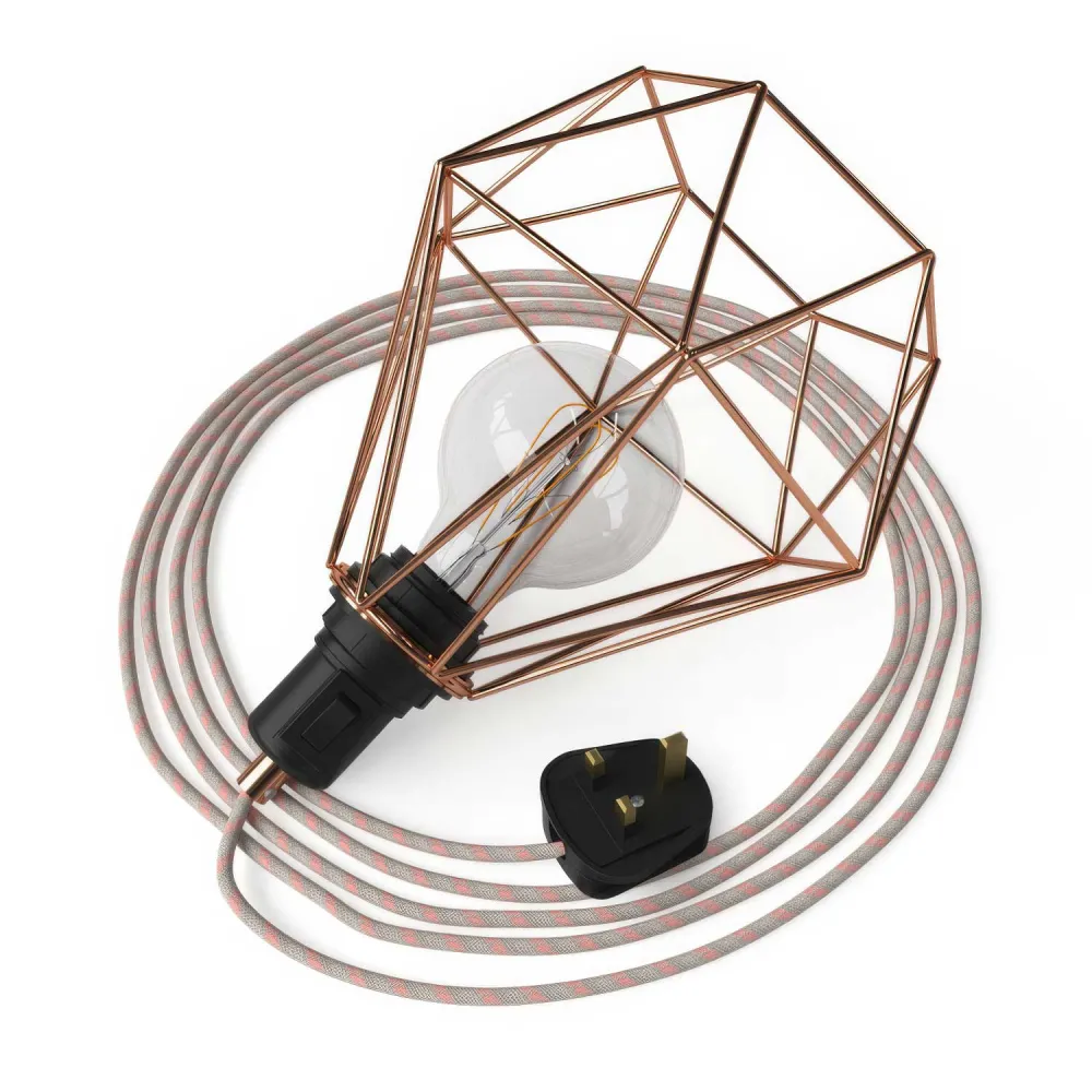 Table Snake - Lampe plug- avec fiche UK et abat-jour cage Diamond - Cuivre