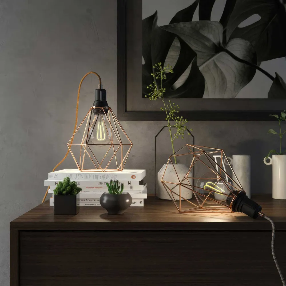 Table Snake - Lampe plug- avec fiche UK et abat-jour cage Diamond - Cuivre