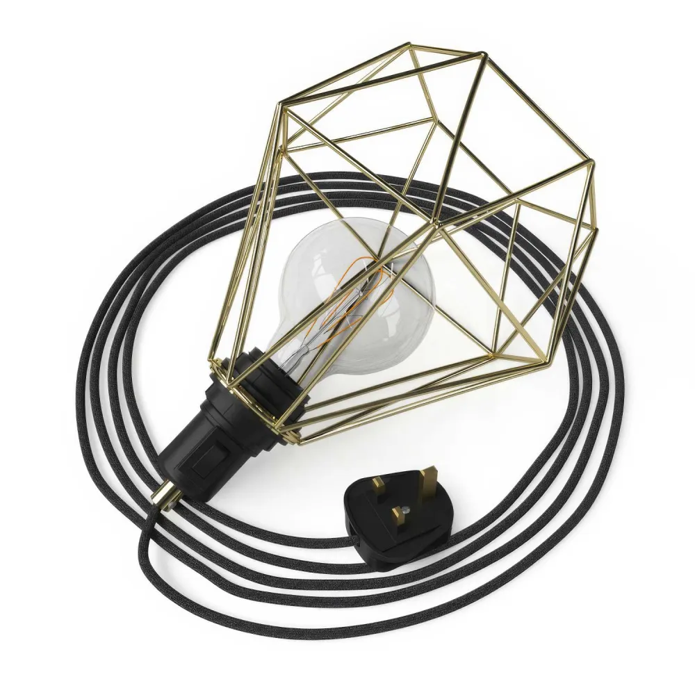 Table Snake - Lampe plug- avec fiche UK et abat-jour cage Diamond - Laiton