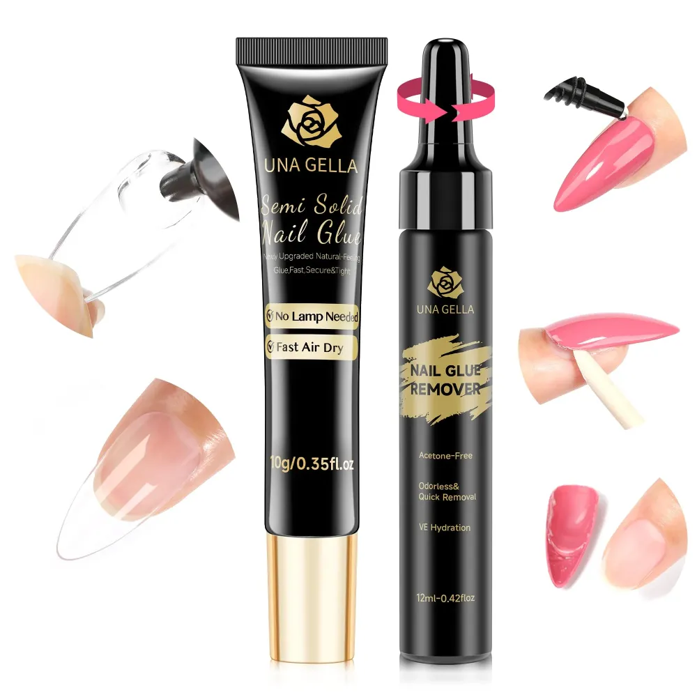 UNA GELLA Colle Ongles Semi-Solide Sans Lampe – 10 ml + Dissolvant 12 ml Kit