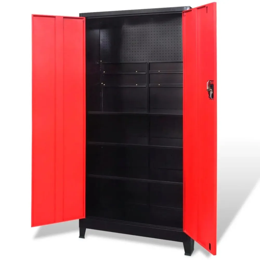 Armoire à outils avec 2 portes acier noir et rouge 180 cm coffre à outils 02_0003802 avec Résistance aux Chocs