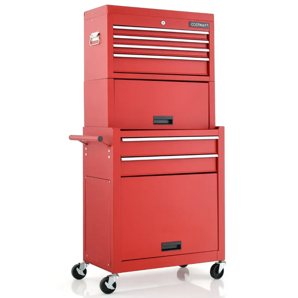 Caisse Servante d'atelier à 6 tiroirs avec armoire de rangement et coffre outils amovible caisse à outils roulante verroui...