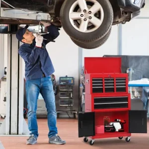 Servante d'atelier - caisse à outil 6 tiroirs + coffre amovible - chariot d'atelier tôle métal rouge noir avec 3 Tiroirs