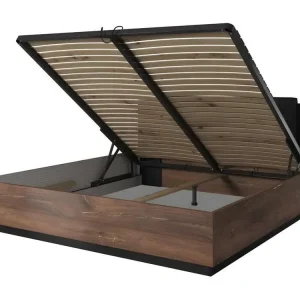 Certifié A2P Lit coffre 140x200 coloris chêne obscur et noir collection FOX.