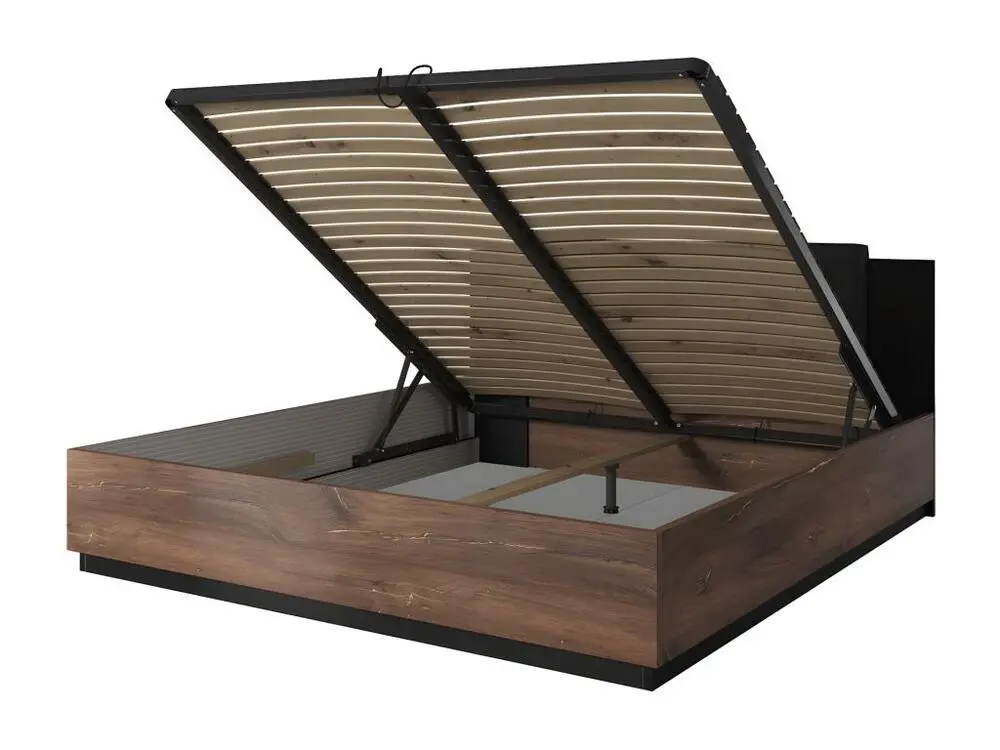 Certifié A2P Lit coffre 140x200 coloris chêne obscur et noir collection FOX.