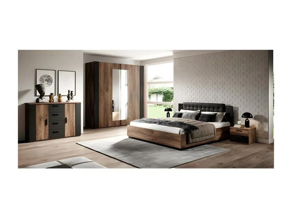 Certifié A2P Lit coffre 140x200 coloris chêne obscur et noir collection FOX.