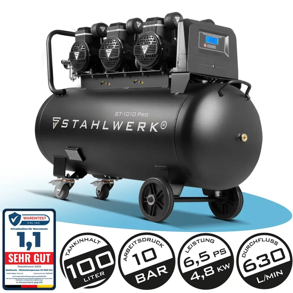 Compresseur Steelworks ST-1010 Pro avec 10 bar | 6.5 PS | 4,8 kW | 630 L / min | 100 L Réservoir de compresseur d'air comp...