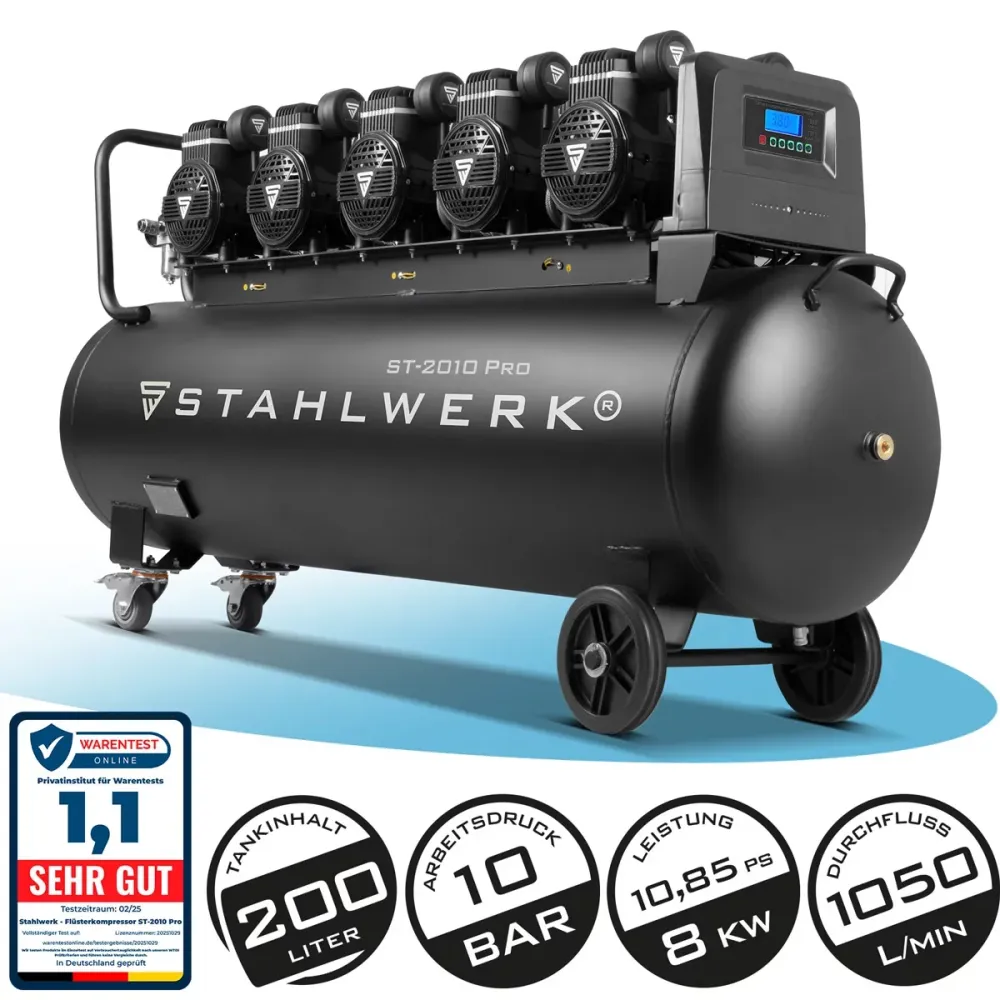 Compresseur Steelworks ST-2010 Pro avec 10 bar | 10.8 ps | 8 kW | 1050 L / min | Rabagateur à 200 L de compresseur d'air c...