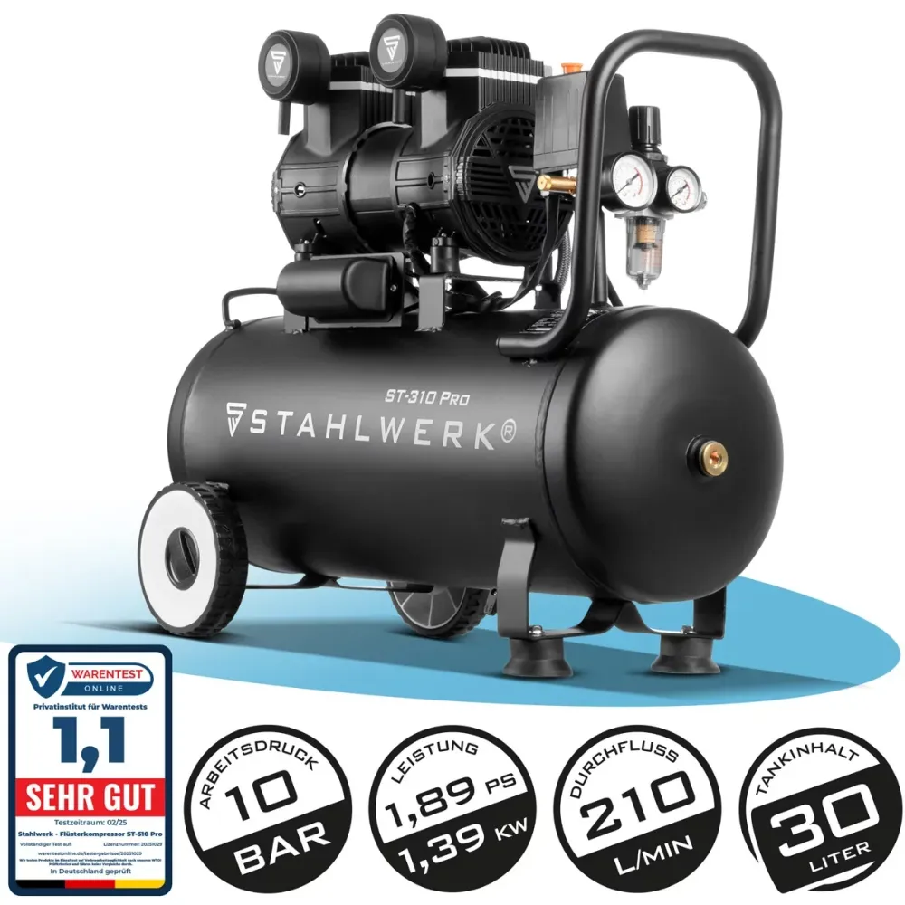 Compresseur Steelworks ST-310 Pro avec 10 bar | 2.1 PS | 1,6 kW | 210 L / min | Réservoir de 30 L de compresseur d'air com...