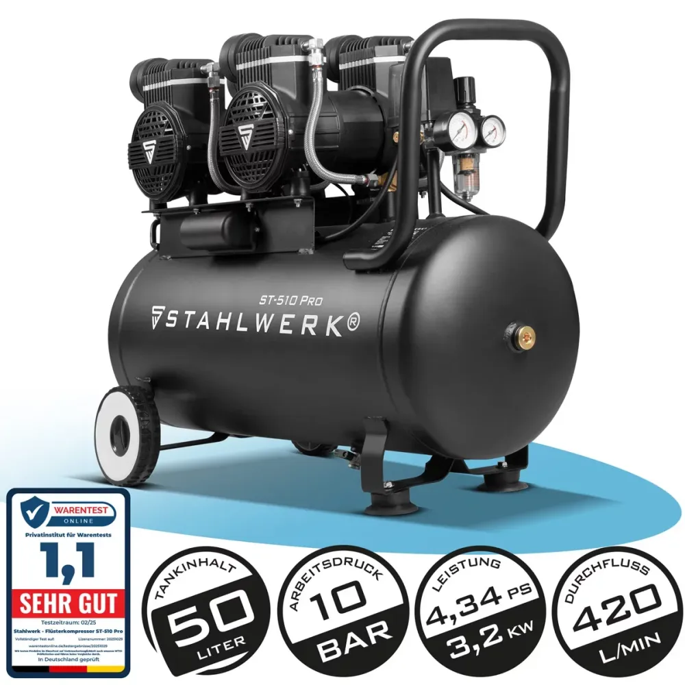 Compresseur Steelworks ST-510 Pro avec 10 bar | 4.3 PS | 3.2 kW | 420 L / min | Réservoir de 50 L de compresseur d'air com...
