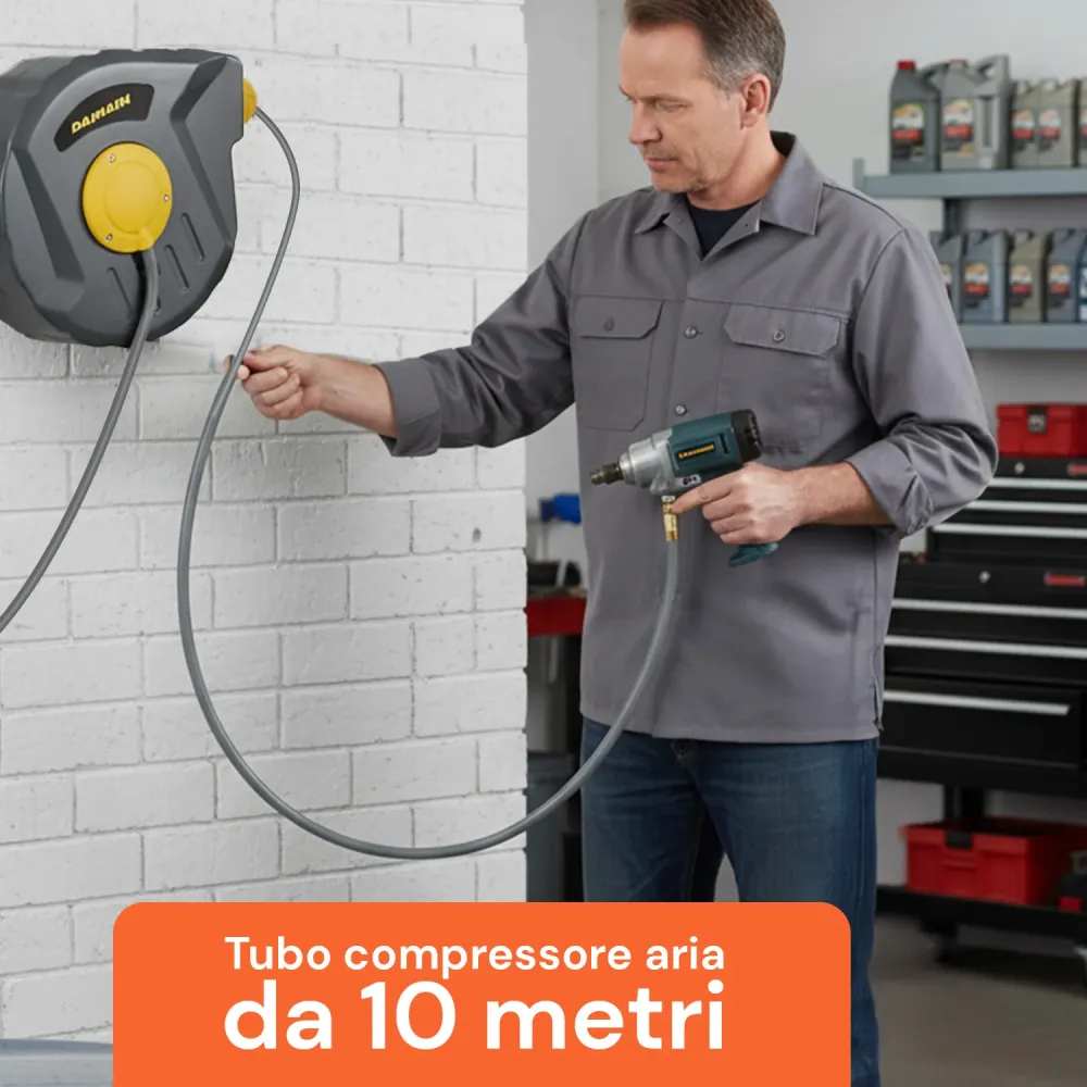 Robuste Industriel Tubo Aria Compressa 10m – Avvolgitore Automatico con Staffa da Parete