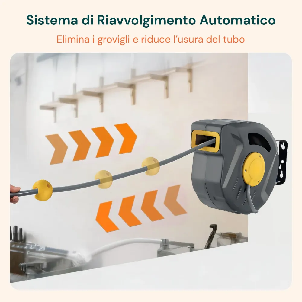 Robuste Industriel Tubo Aria Compressa 10m – Avvolgitore Automatico con Staffa da Parete