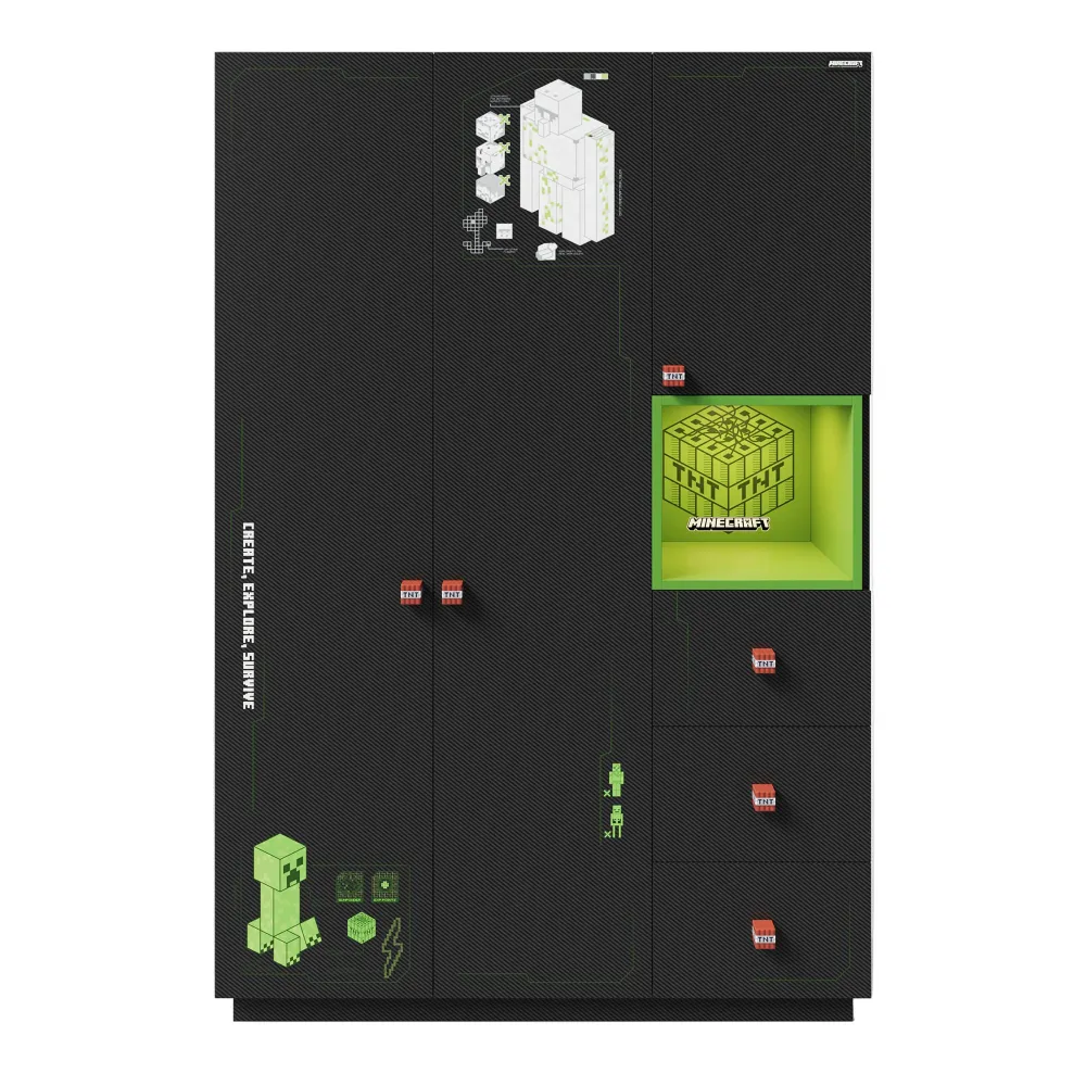 Certifié NF Kleiderschrank 'Minecraft' 3-türig - Carbon-Optik - Schwarz / Grün