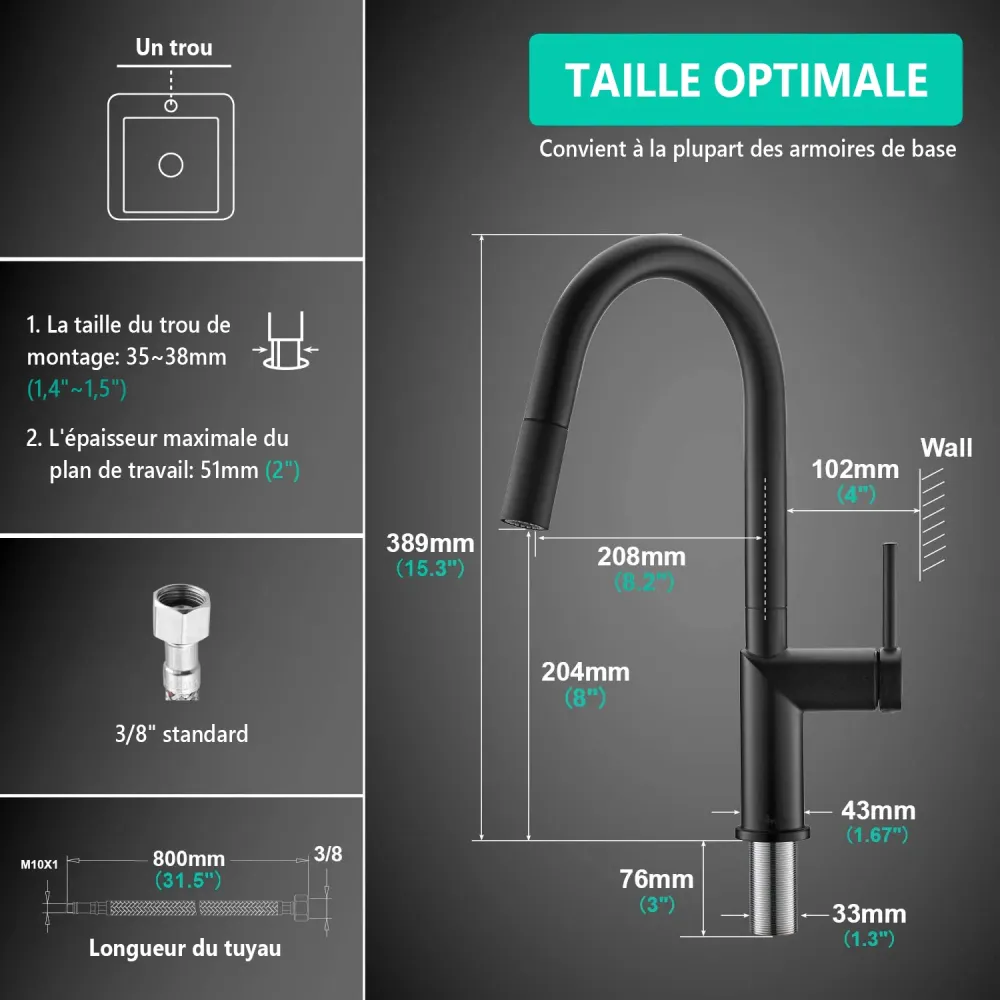 APPASO Robinet Cuisine avec Douchette Extractible Mitigeur d'Évier Bec Rabattable en Laiton Massif Noir Mat