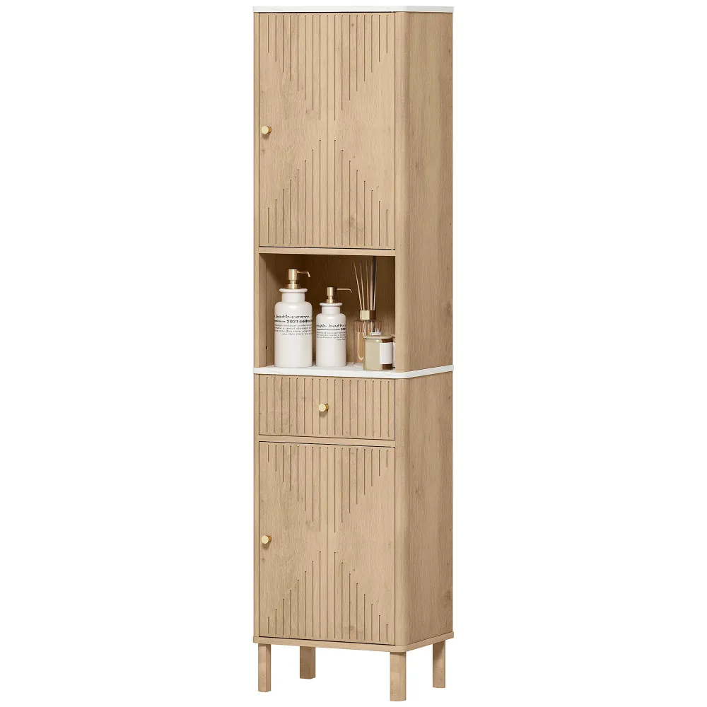 Armoire salle de bain haute, meuble de rangement colonne avec tiroir coulissant silencieux, étagères réglables, 2 placards...